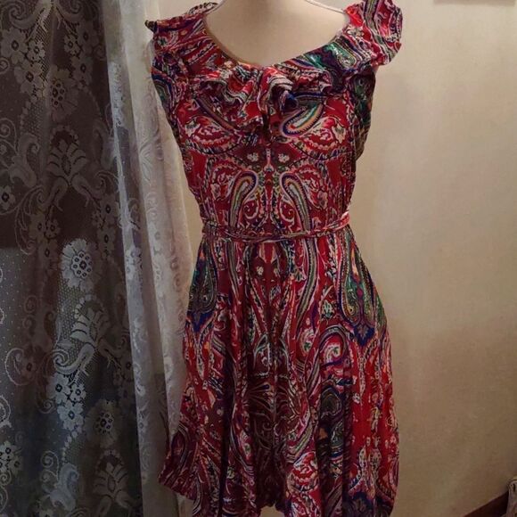 Ralph Lauren Boho Women's‎ Sz M DressRed Paisley Pullover Ruffle Neck Sleeveless - Picture 1 of 6